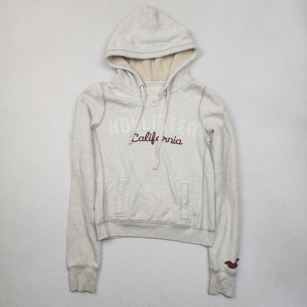 Vtg Y2K Hollister Hoodie Womens Small Gray Cotton Logo Embroidered Ribbed Trim